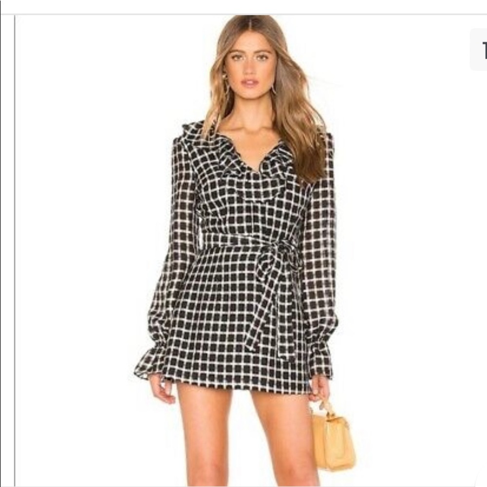 Tularosa Small Hazel Dress Black & White Plaid Ruffle Long Sleeve Revolve XS